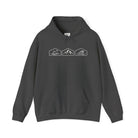 A dark heather gray hoodie with mountain, desert and wave design on a white background.