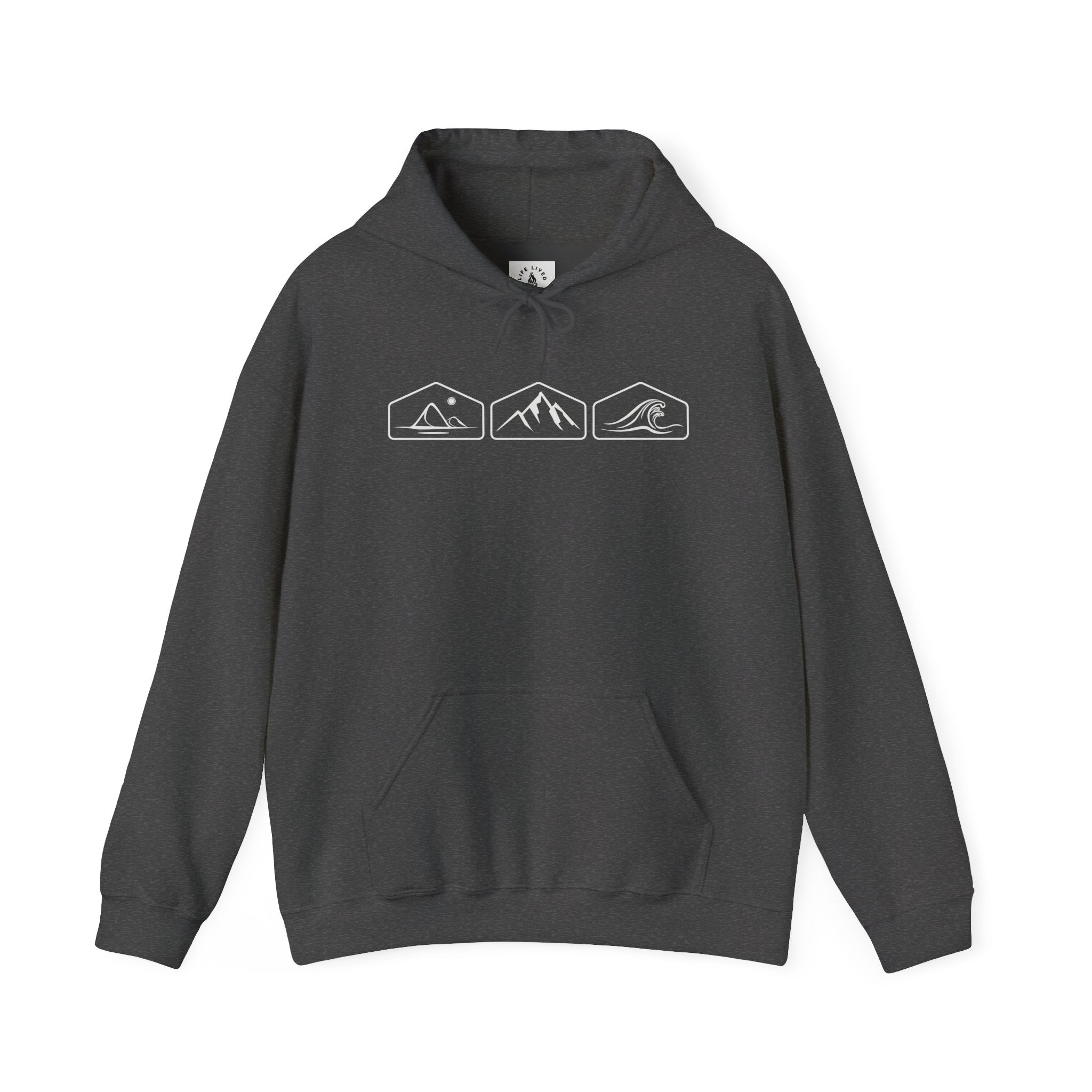 A dark heather gray hoodie with mountain, desert and wave design on a white background.