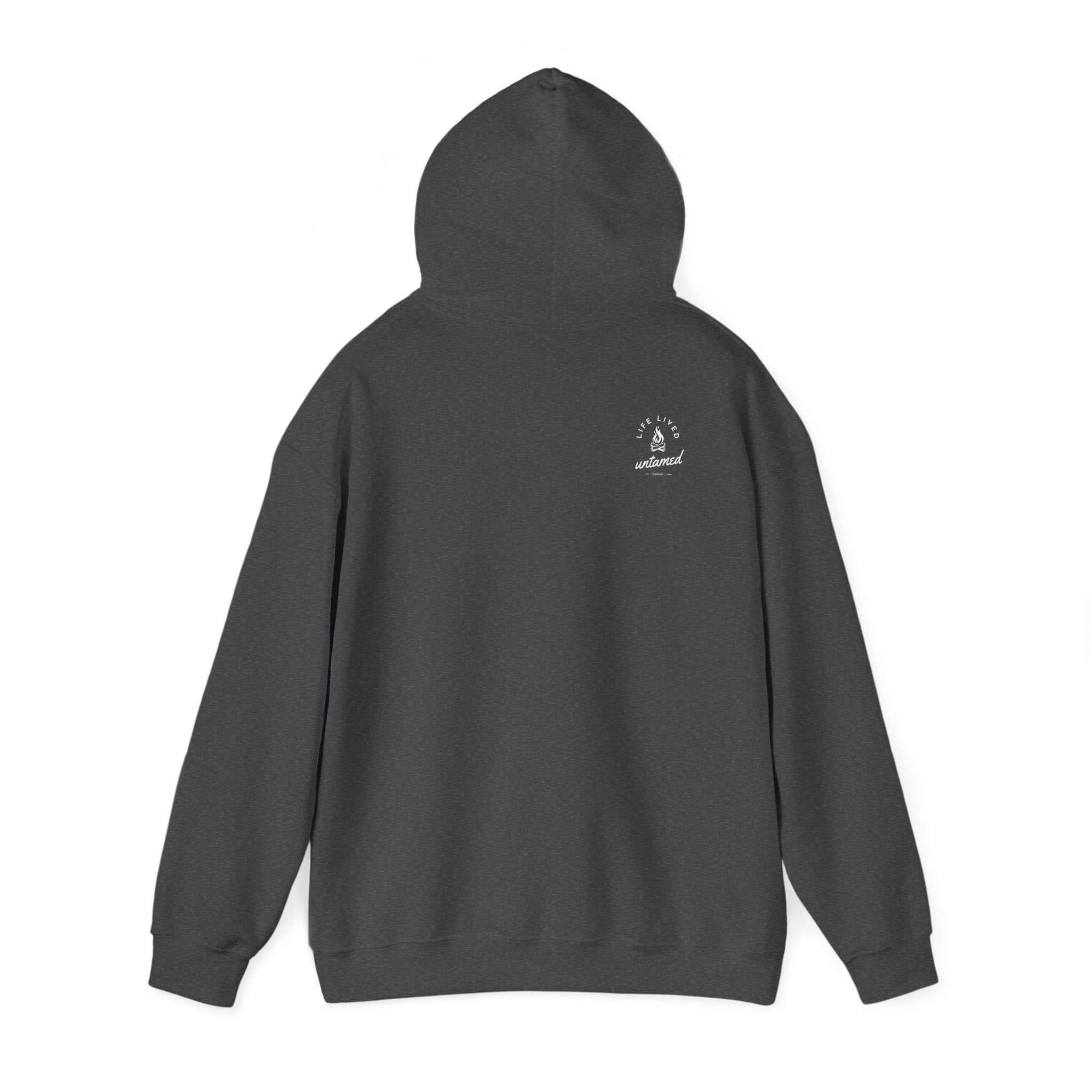 A dark gray hoodie with a ‘Lived Untamed' logo on the back with the hood up against a white background.