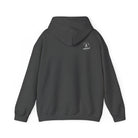 A Dark gray hoodie with a ‘Lived Untamed' logo on the back with the hood down against a white background.