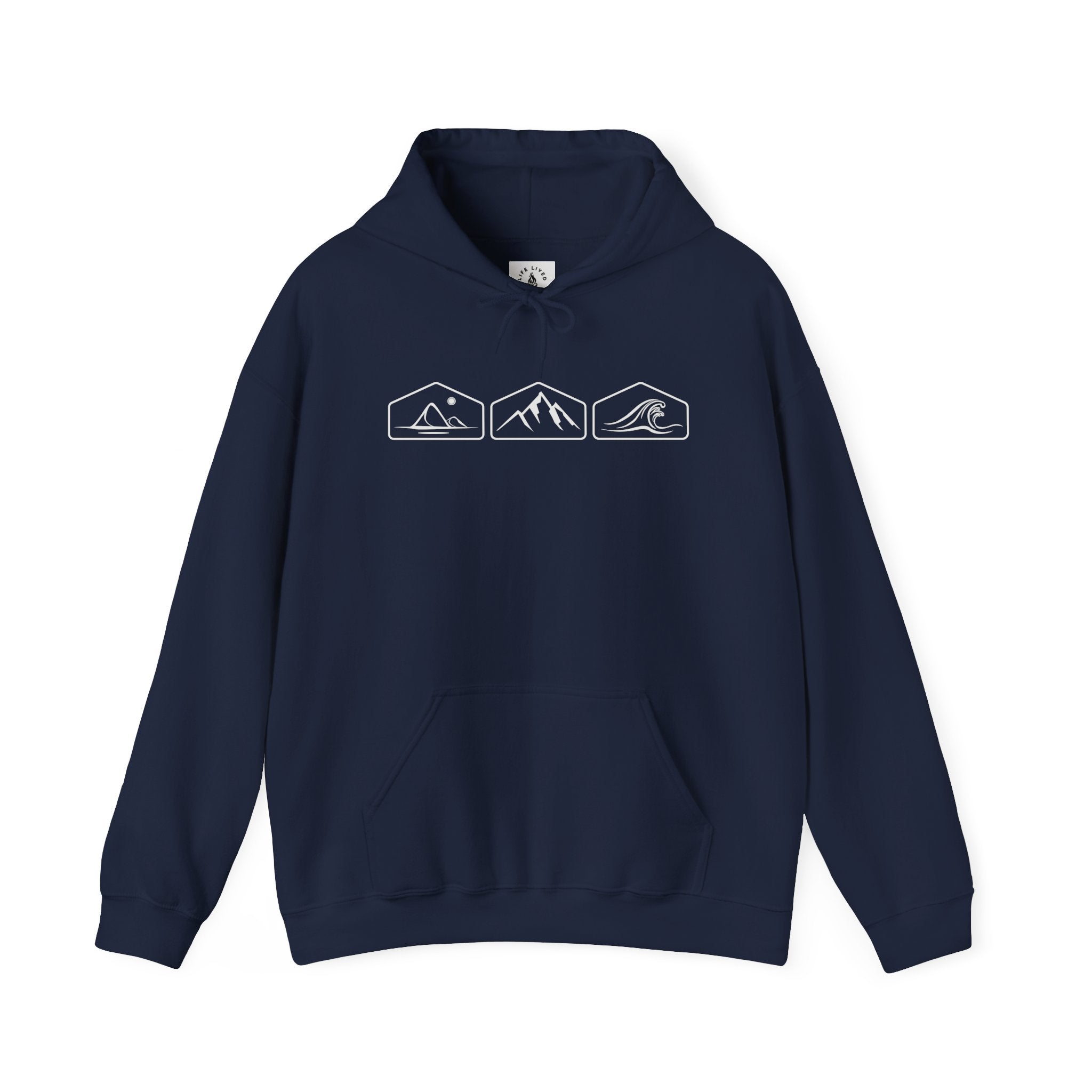 Navy blue hoodie with mountain, desert and wave design on a white background.