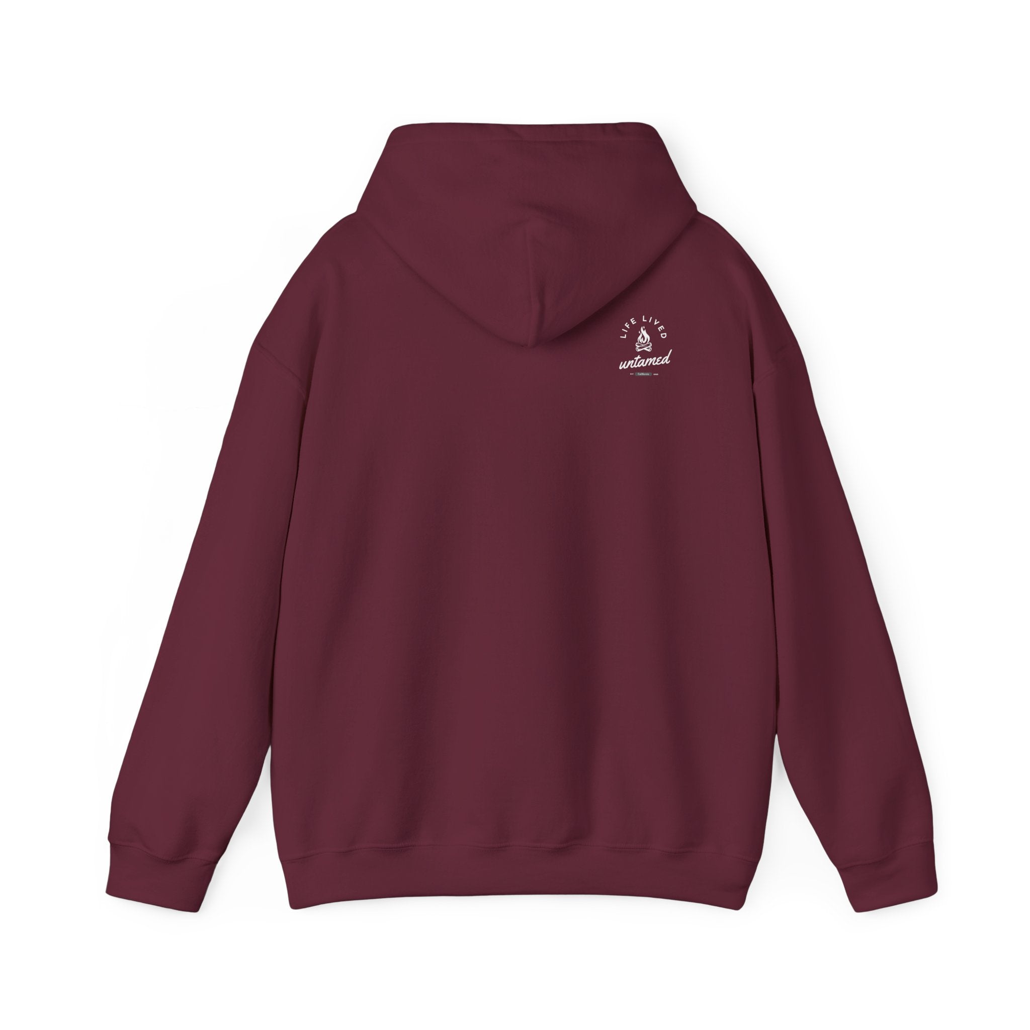 Maroon hoodie with a white ‘Lived Untamed' logo on the back with the hood down against a white background.
