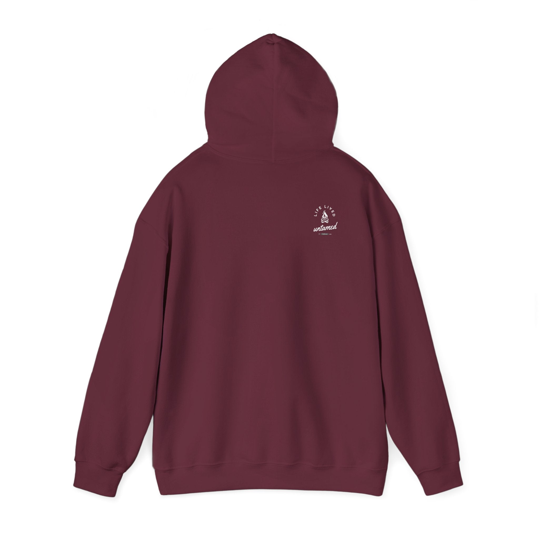 Maroon hoodie with a white ‘Lived Untamed' logo on the back against a white background.
