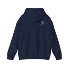 Navy blue hoodie with a ‘Lived Untamed' logo on the back with the hood down against a white background.