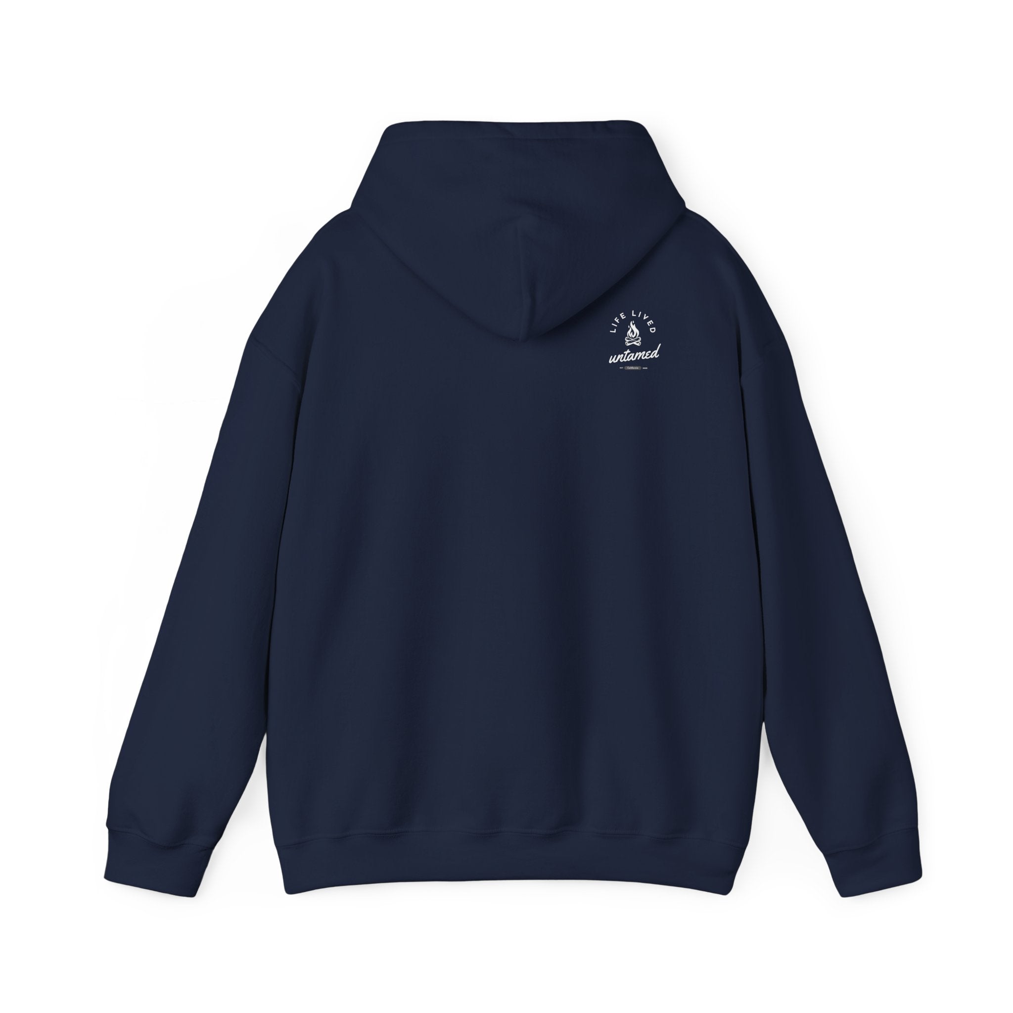 Navy blue hoodie with a ‘Lived Untamed' logo on the back with the hood down against a white background.