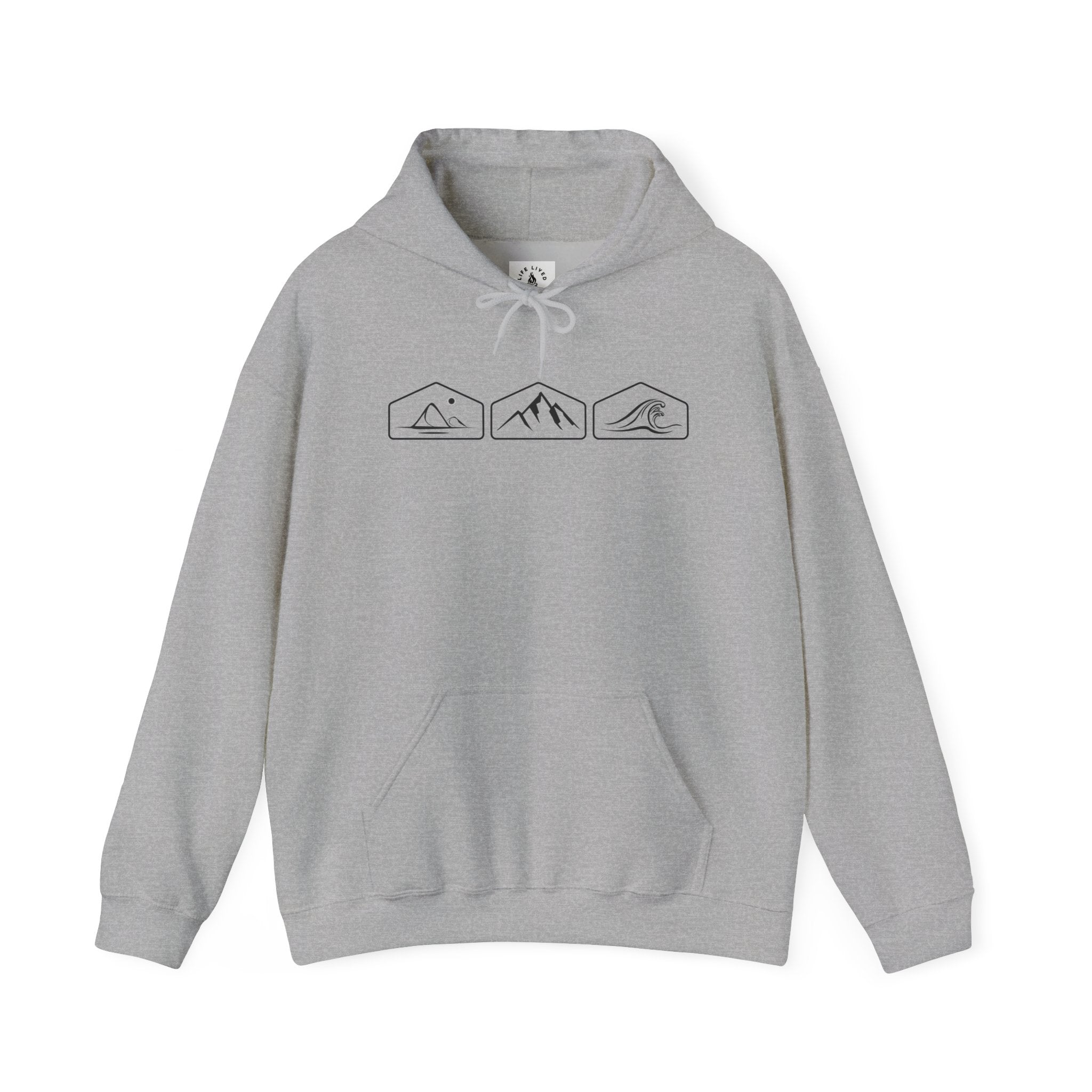 A Sport Gray hoodie with mountain, desert and wave design on a white background.