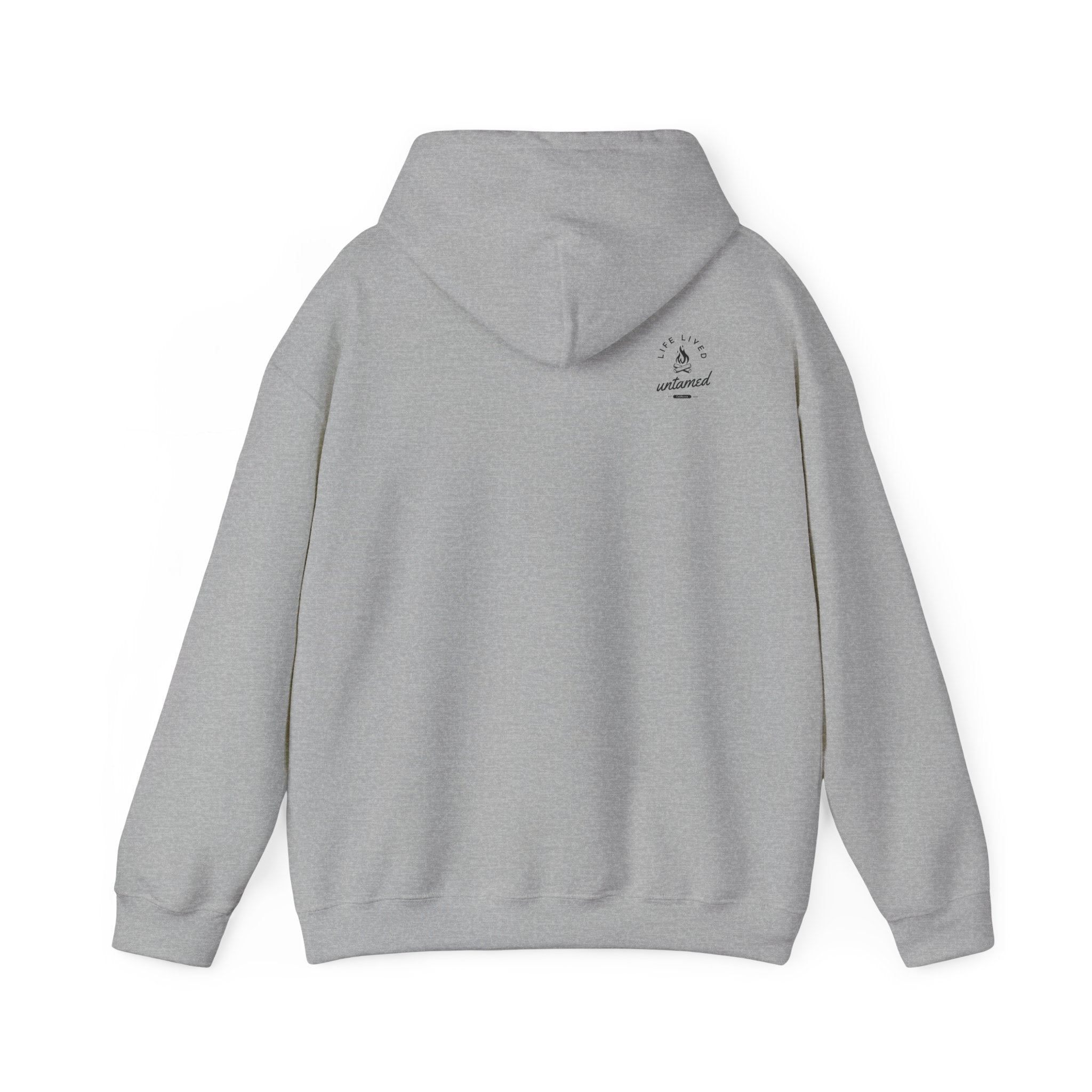 A Sport gray hoodie with a ‘Lived Untamed' logo on the back with the hood down against a white background.