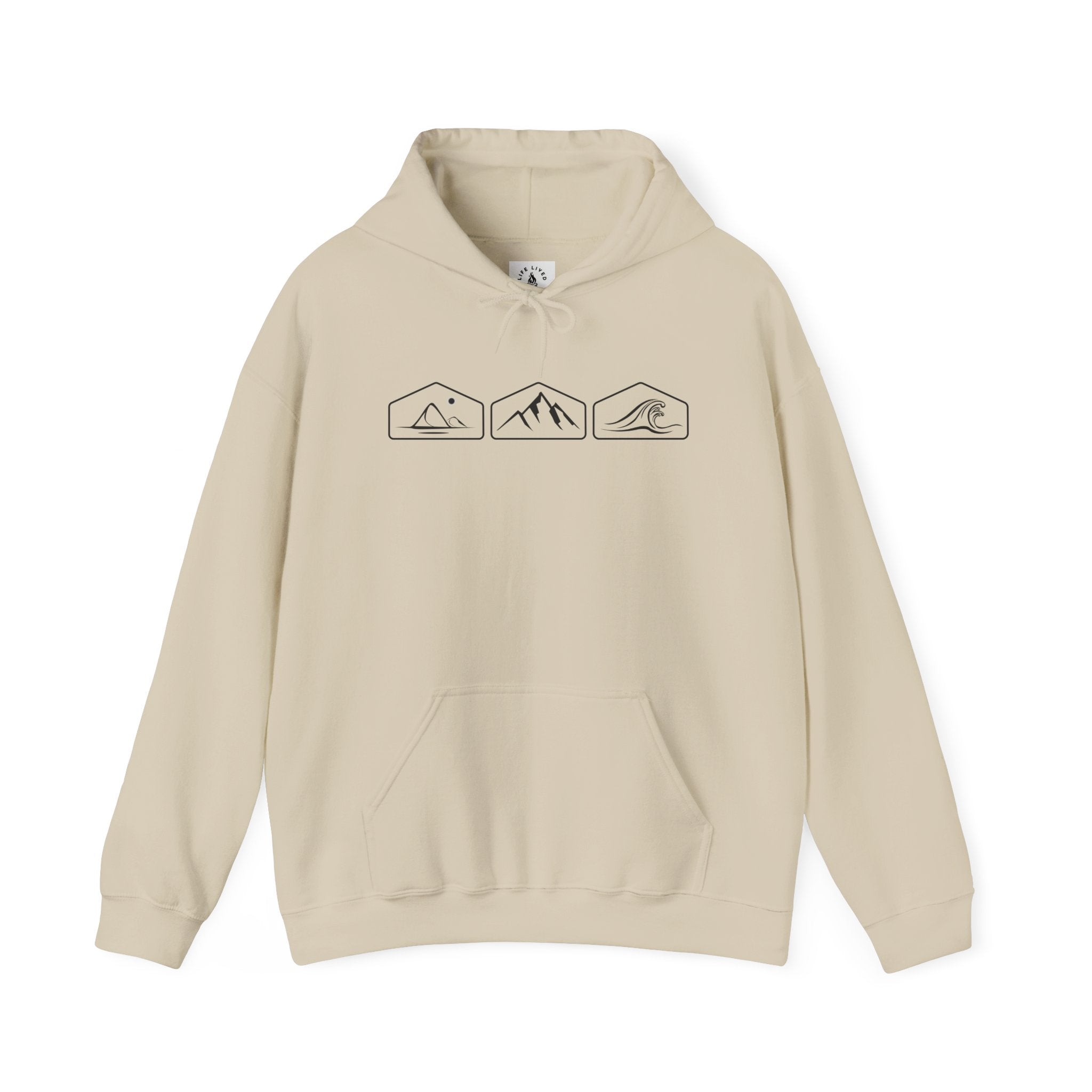 A sand hoodie with mountain, desert and wave design on a white background.