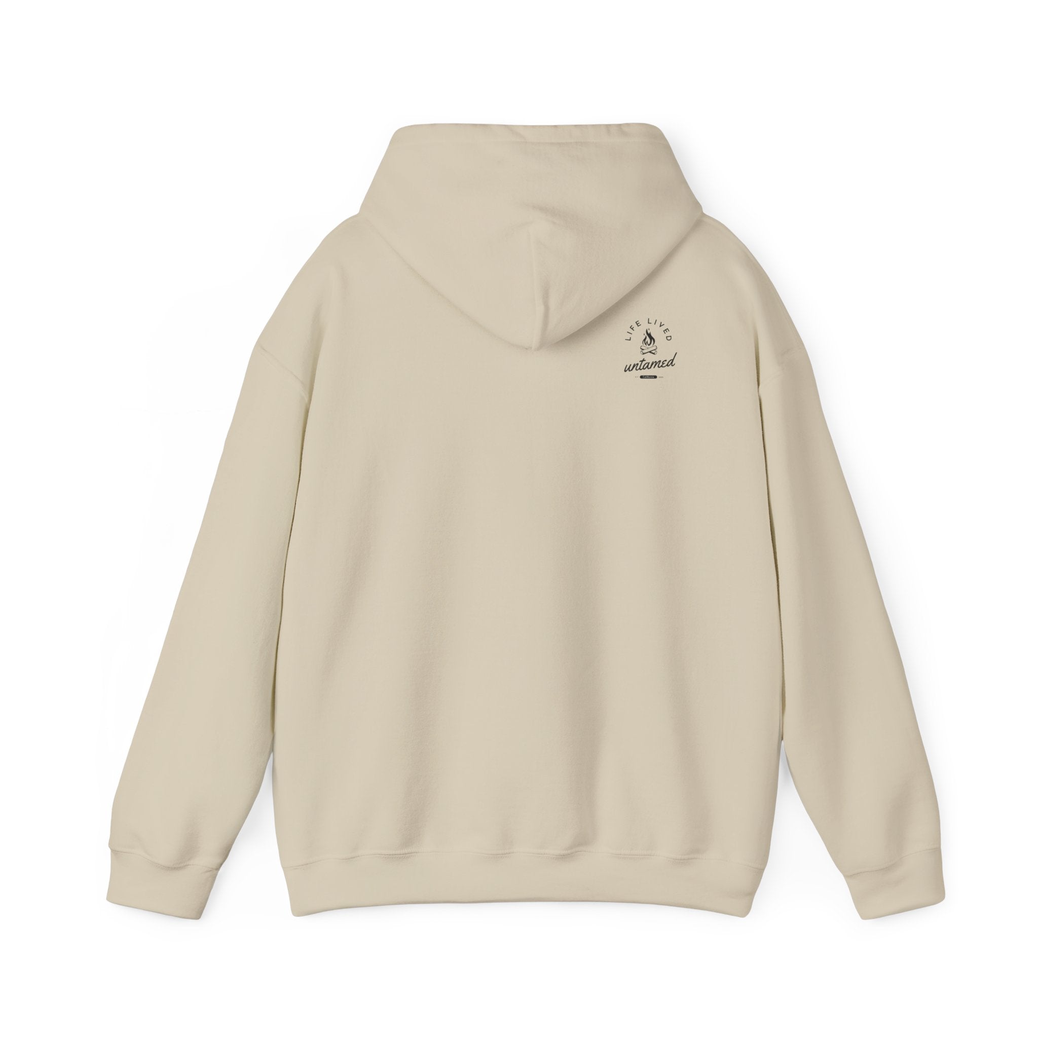 A sand hoodie with a 'Lived Untamed' logo on the back with the hood down against a white background.