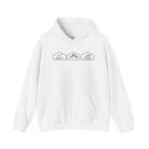 White hoodie with black graphic designs of mountain, desert and wave design on a white background.