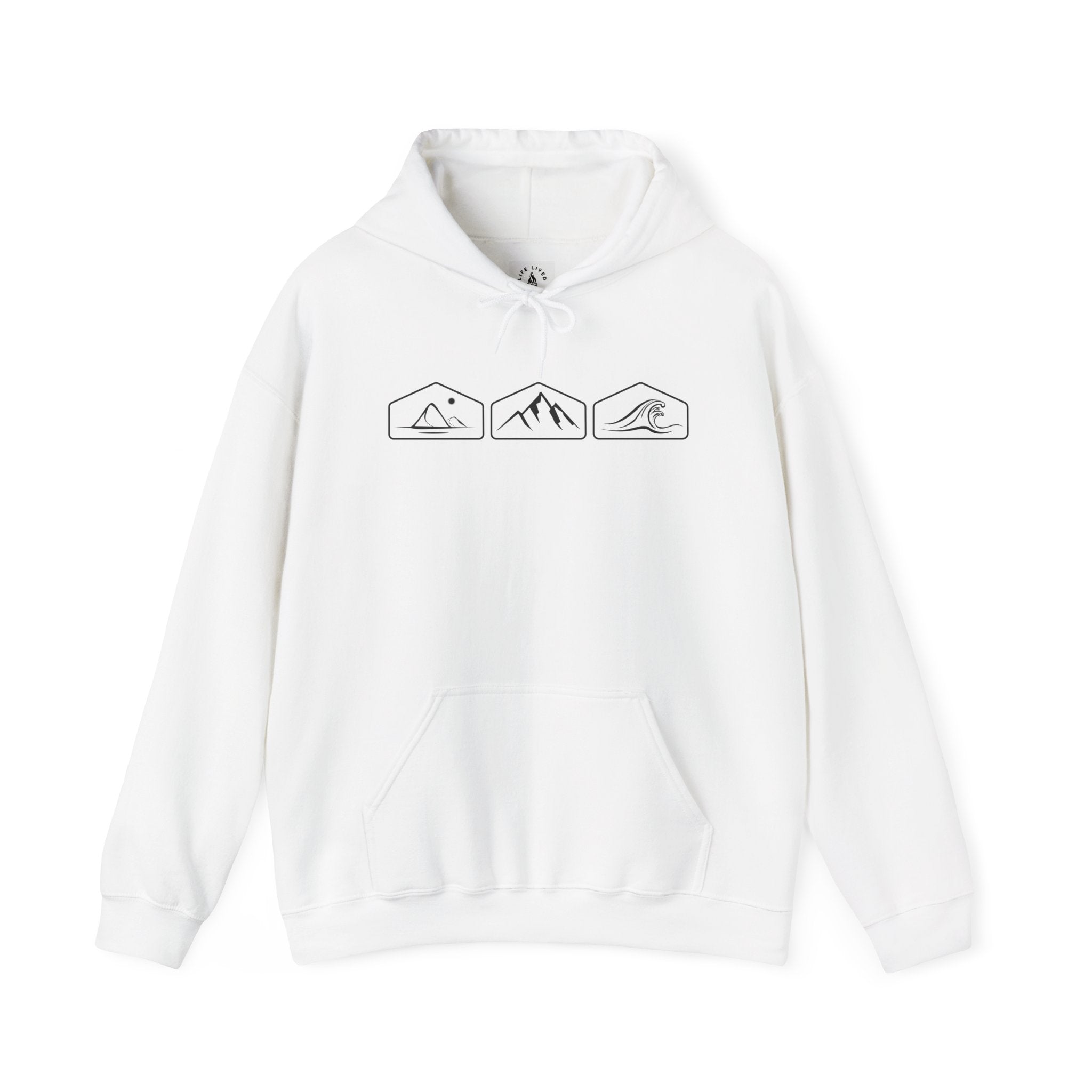 White hoodie with black graphic designs of mountain, desert and wave design on a white background.
