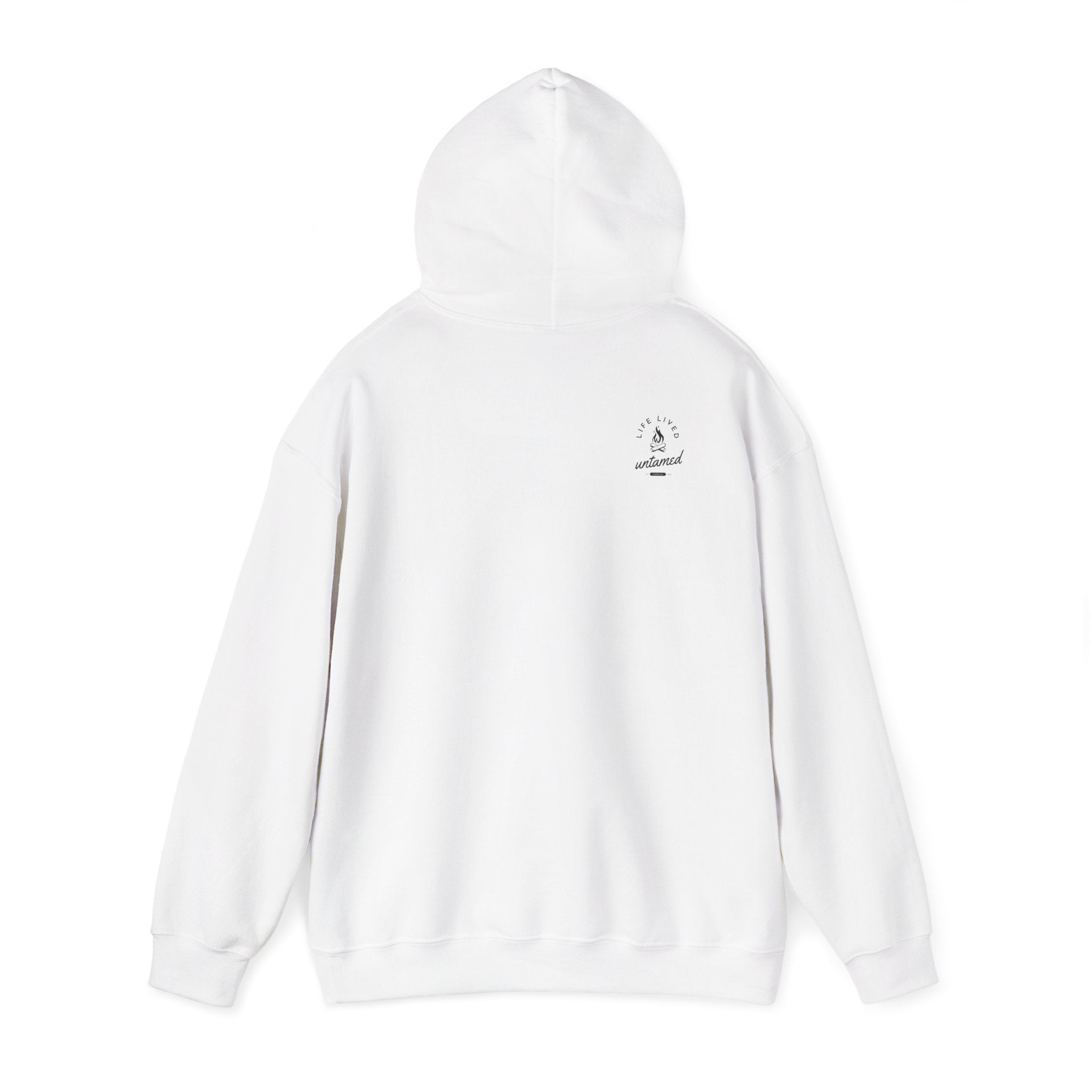 A white hoodie with a small 'Life Lived Untamed' logo on the back against a white background.