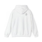 White hoodie with a small Lived Untamed' logo on the back with the hood down against a white background.