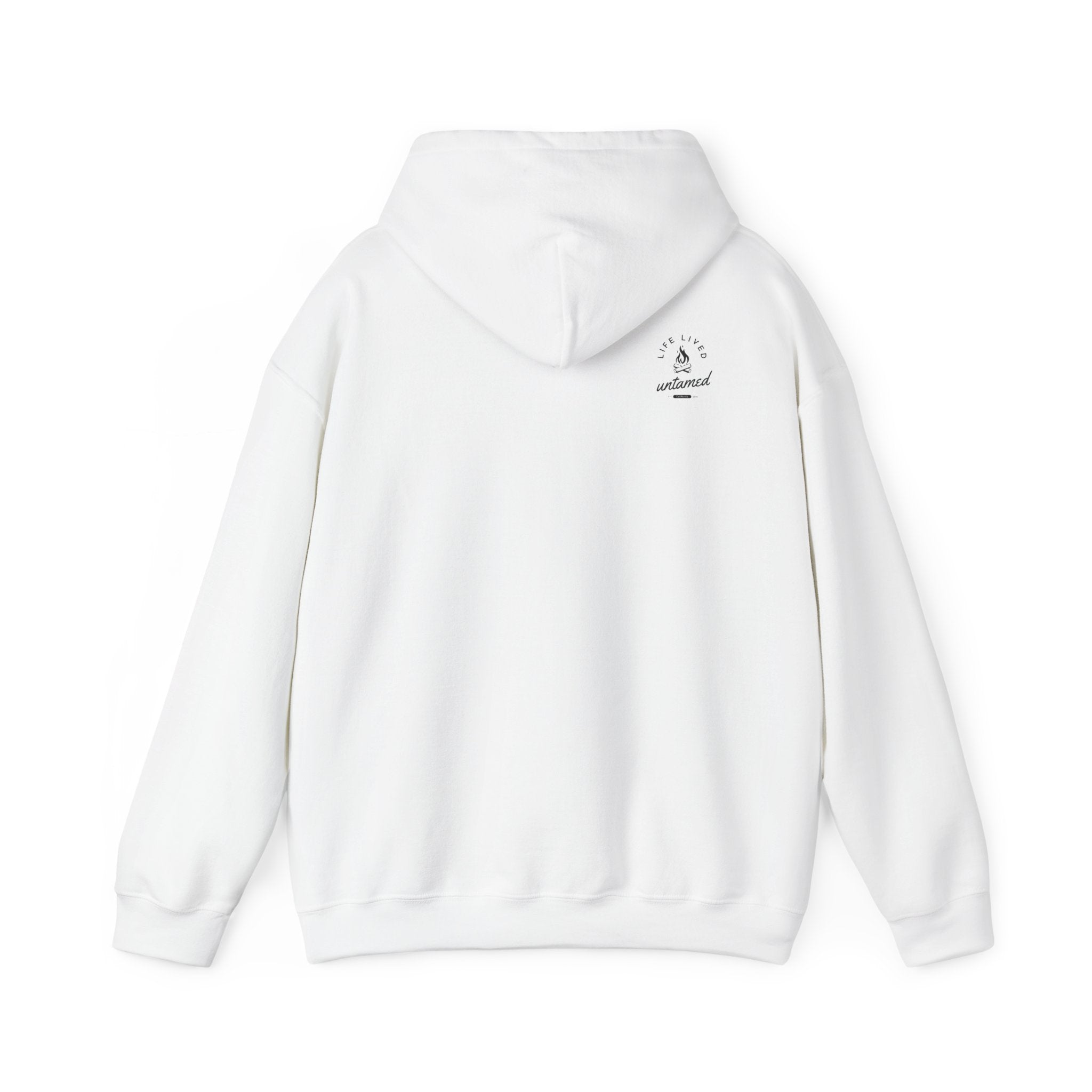 White hoodie with a small Lived Untamed' logo on the back with the hood down against a white background.