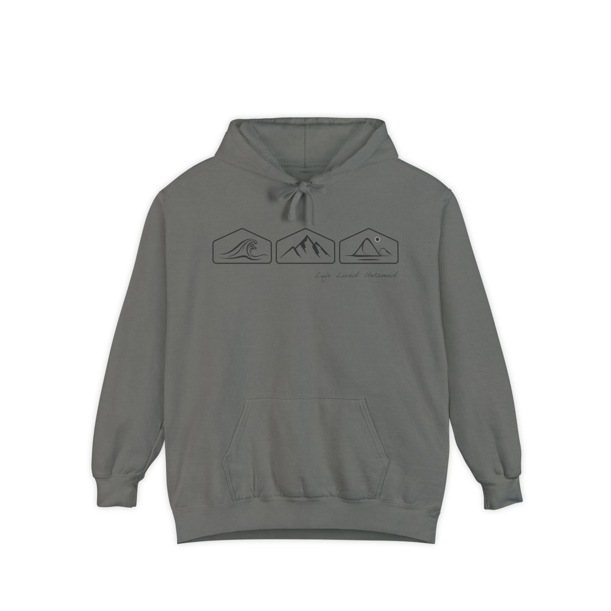 Gray hoodie with ocean, mountain, and desert designs on a white background