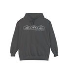 Pepper gray hoodie with ocean, mountain, and desert designs on a white background