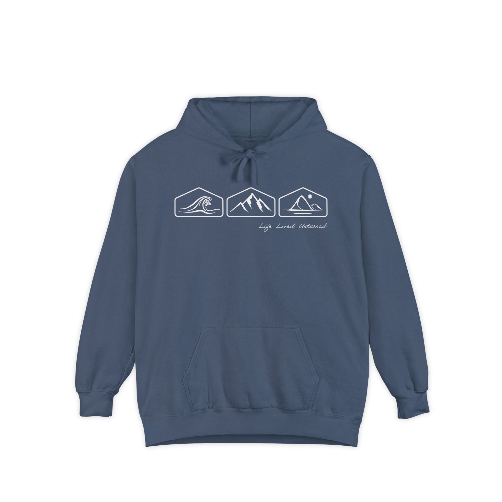 Denim hoodie with ocean, mountain, and desert designs on a white background