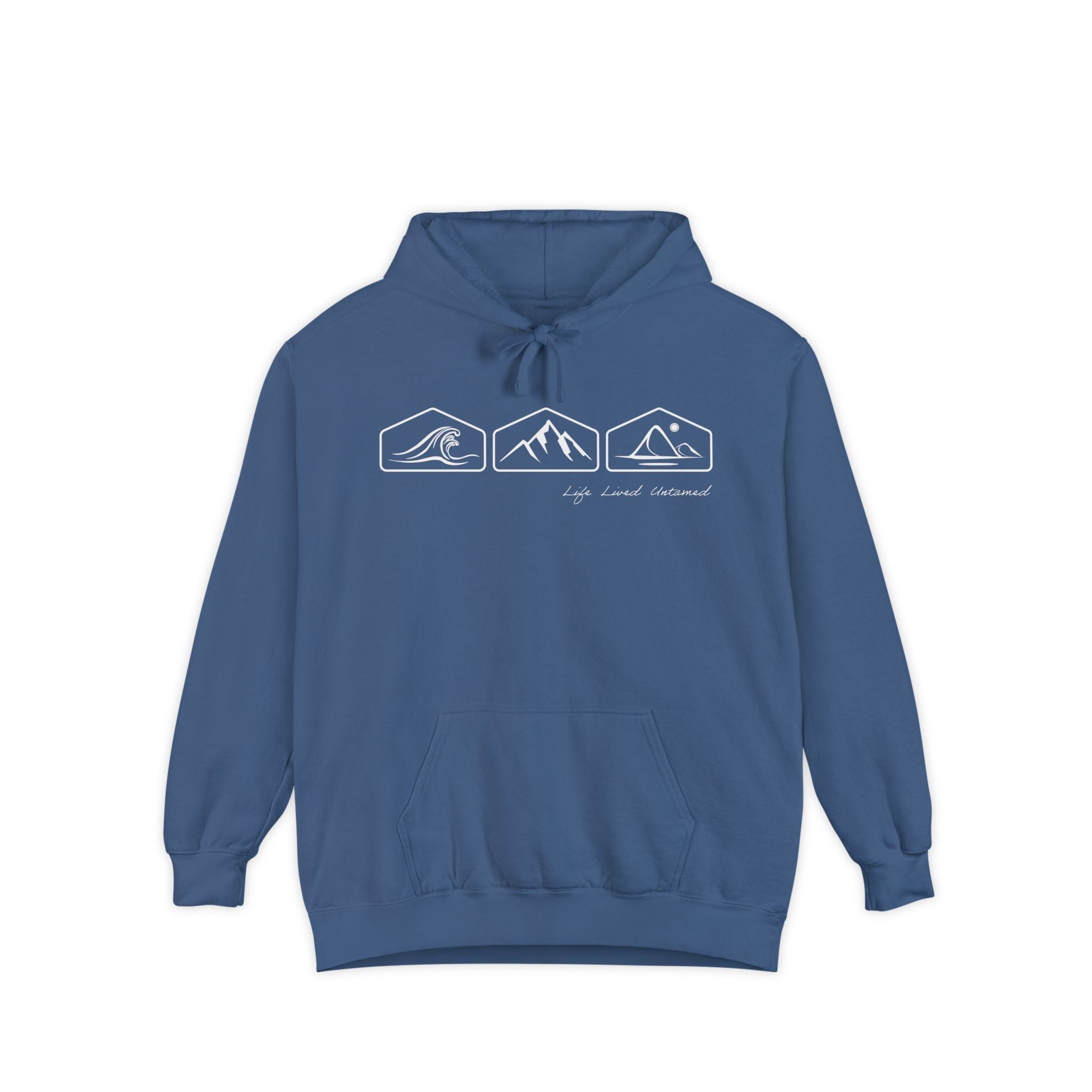 True Navy hoodie with ocean, mountain, and desert designs on a white background