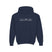 Navy blue hoodie with desert, mountain, and ocean graphic on the front against a white background