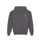 Dark Heather Gray hoodie with a LLU logo on the back against a white background