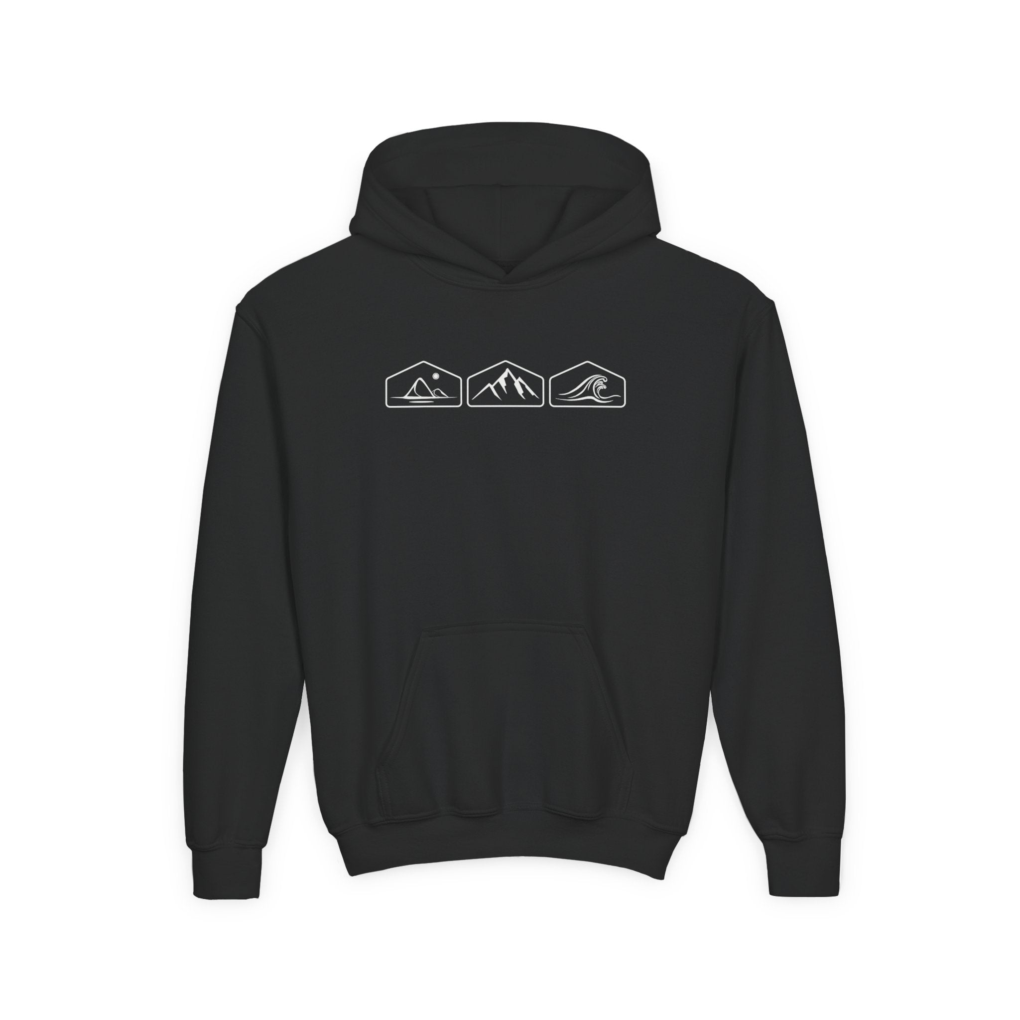 Black hoodie with mountain, desert and wave designs on a white background