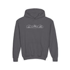 Dark Heather Gray hoodie with mountain, desert and wave designs on a white background