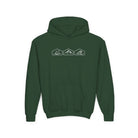 Forest Green hoodie with mountain, desert, and wave designs on the back against a white background