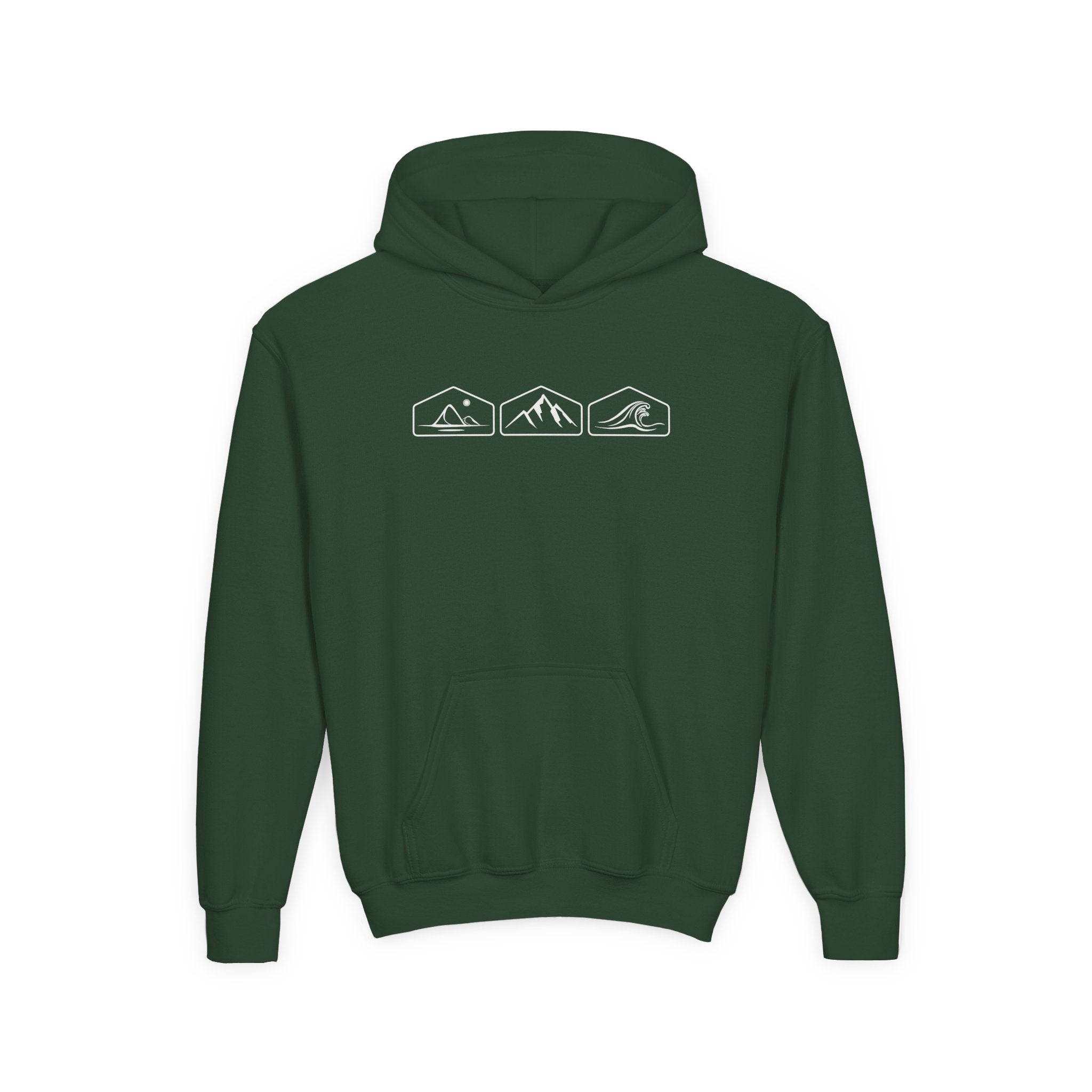 Forest Green hoodie with mountain, desert, and wave designs on the back against a white background