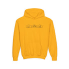 Gold Yellow hoodie with mountain, desert, and wave graphic on a white background