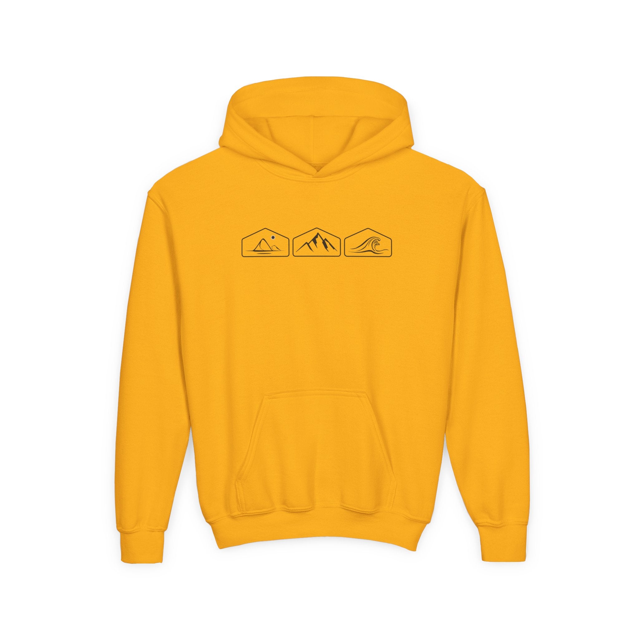 Gold Yellow hoodie with mountain, desert, and wave graphic on a white background