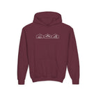 Maroon hoodie with mountain, desert and wave designs on a white background