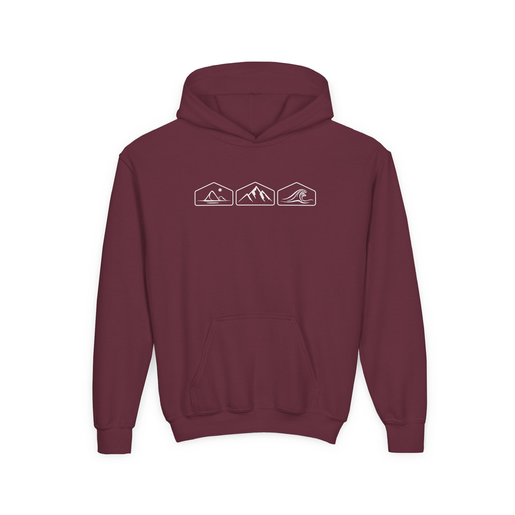Maroon hoodie with mountain, desert and wave designs on a white background