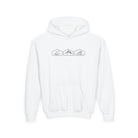 White hoodie with mountain, desert and wave designs on a white  background