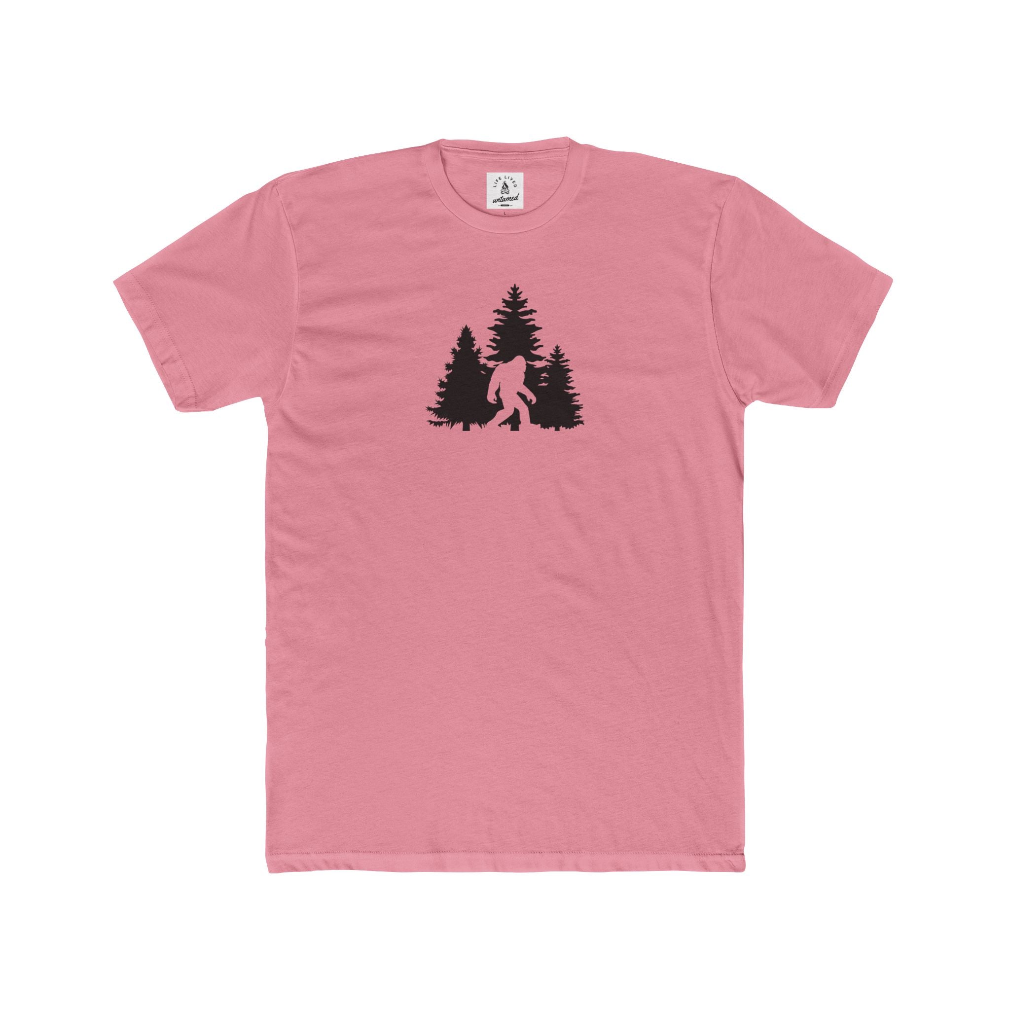 Pink t-shirt with a black trees and a bigfoot on a white background