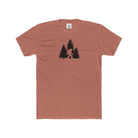 Brown t-shirt with a black graphic of a bigfoot and trees on a white background