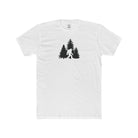 White t-shirt with black graphic of a tree and a silhouette of bigfoot on a white background