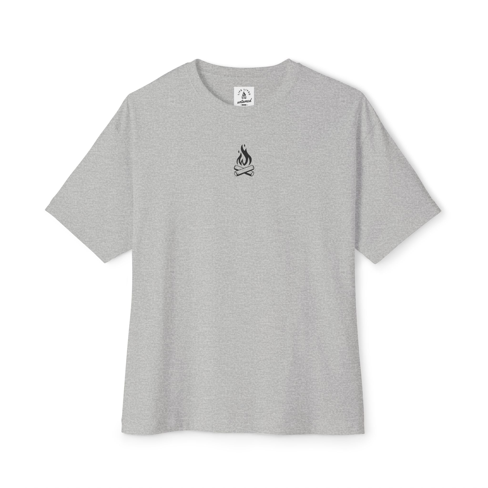 Heather Gray t-shirt with a small black campfire on a white background