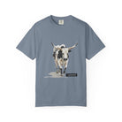 Blue t-shirt with a longhorn cow graphic and 'untamed' text on a white background