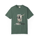 Blue Spruce t-shirt with a bull graphic and 'untamed' text on a white background