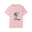 Blossom Pink t-shirt with a bull graphic and 'untamed' text on a white background