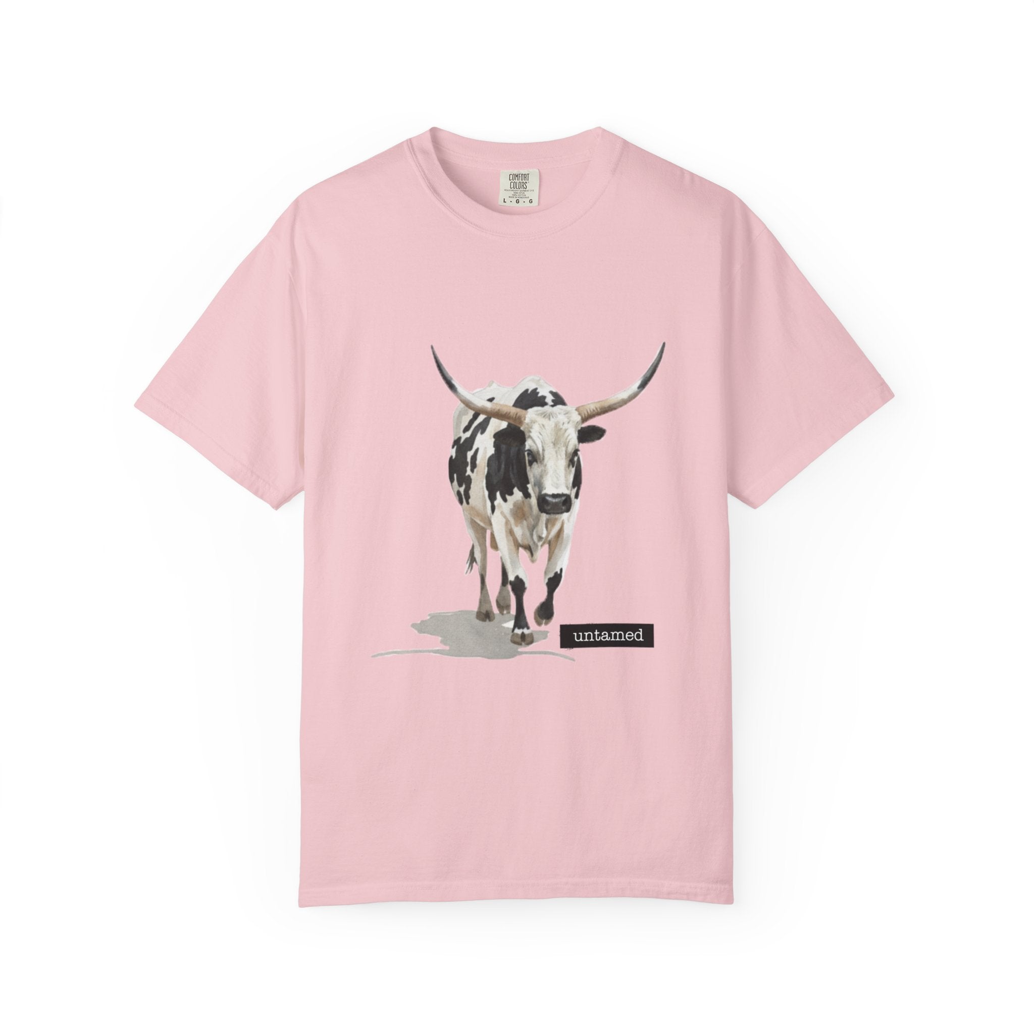Blossom Pink t-shirt with a bull graphic and 'untamed' text on a white background