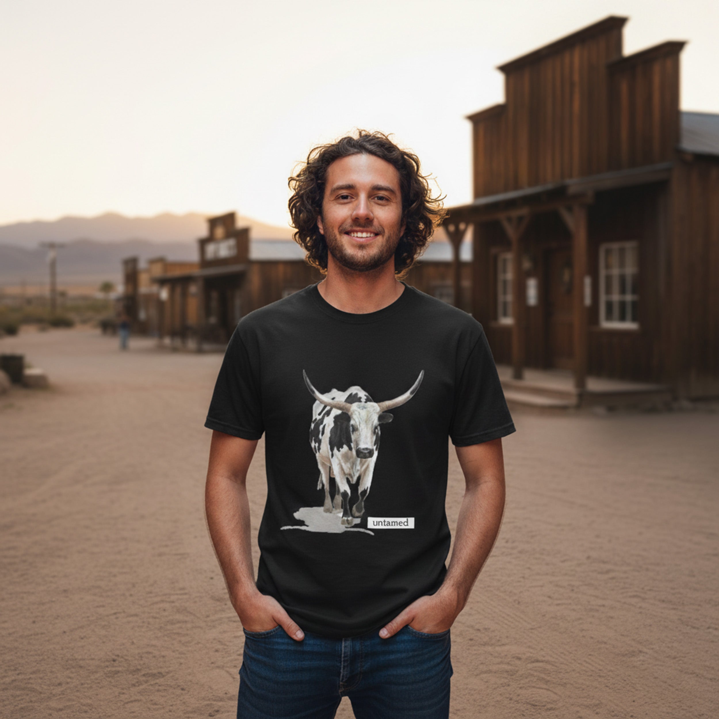 Man wearing a black t-shirt with a cow graphic in a desert town setting