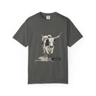 Pepper gray t-shirt with a graphic of a longhorn cow and the word 'untamed' on a white background