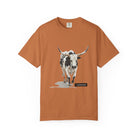 Yam Brown t-shirt with a cow graphic and 'untamed' text on a white background