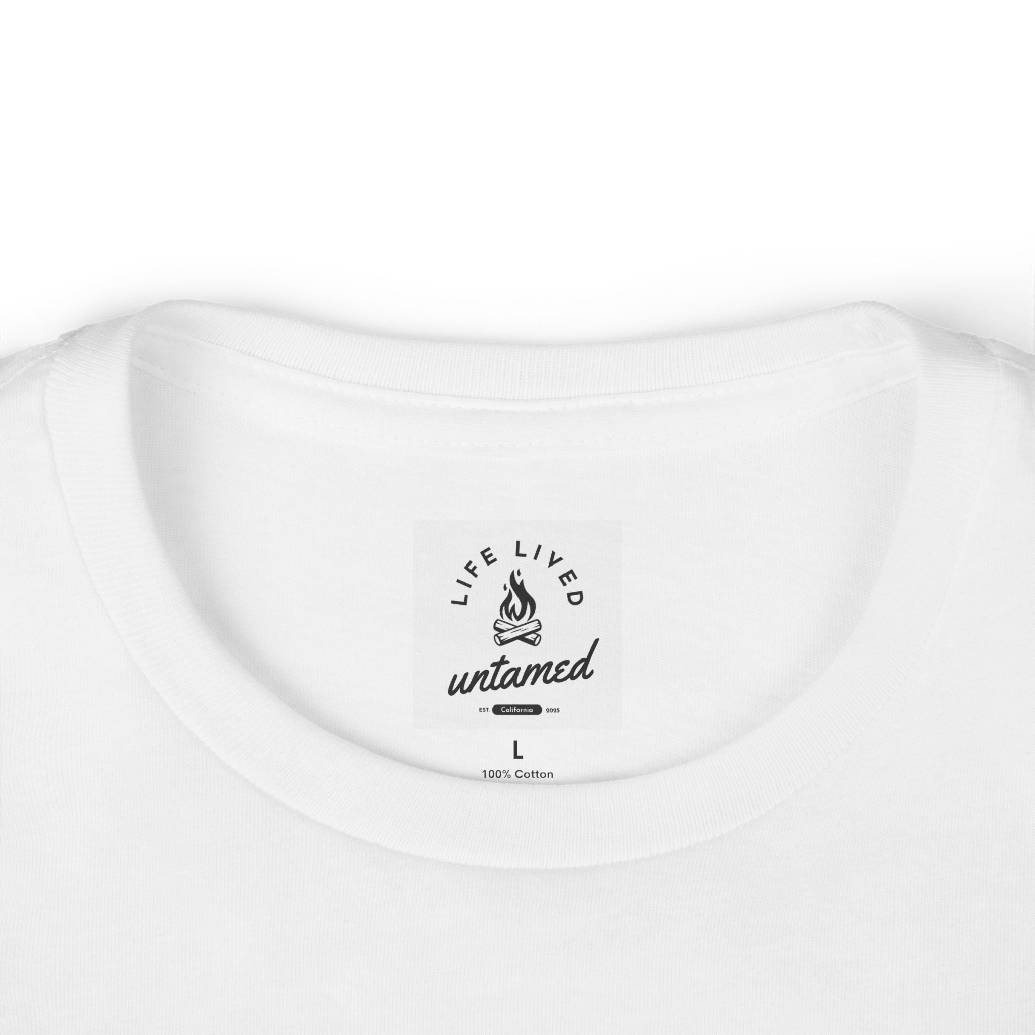 White t-shirt with a logo 'Life Lived Untamed' by the neckline on a white background