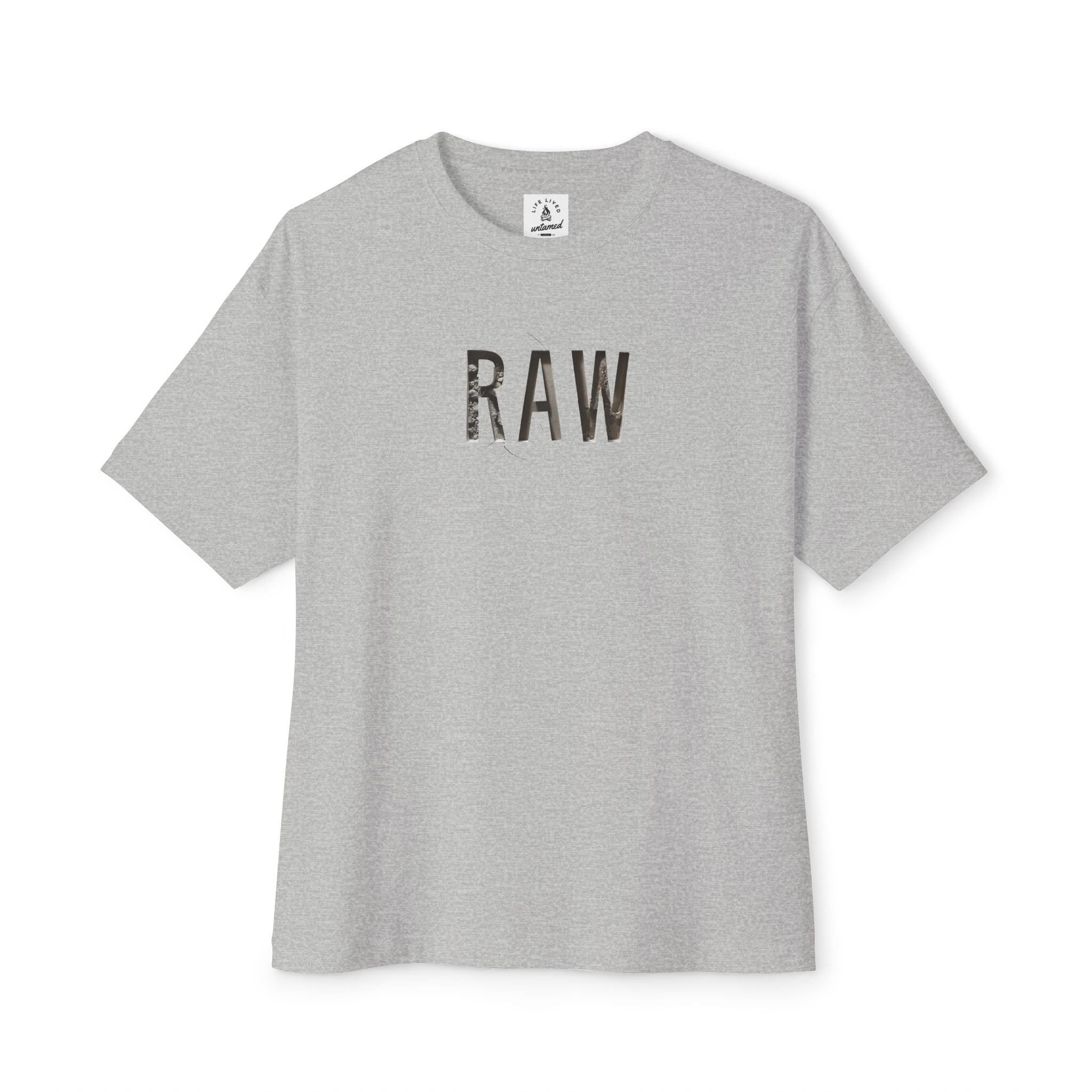 Heather Gray t-shirt with 'RAW' text on a white background