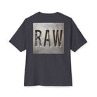 Dark Grey k t-shirt with 'RAW' graphic on the back against a white background