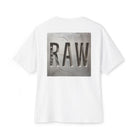 White t-shirt with 'RAW' graphic on a white background