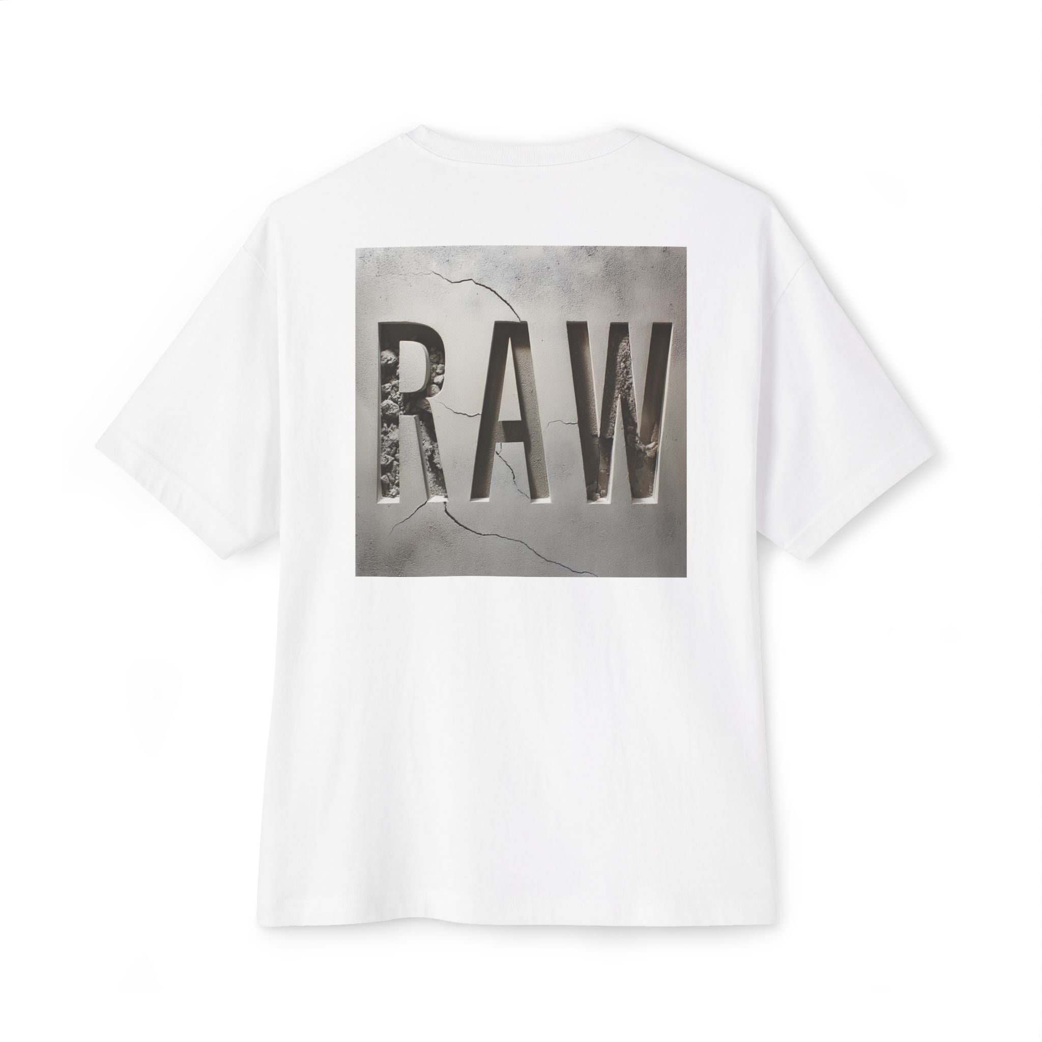 White t-shirt with 'RAW' graphic on a white background