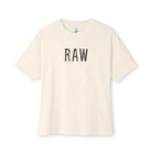 Beige t-shirt with 'RAW' text on a white background